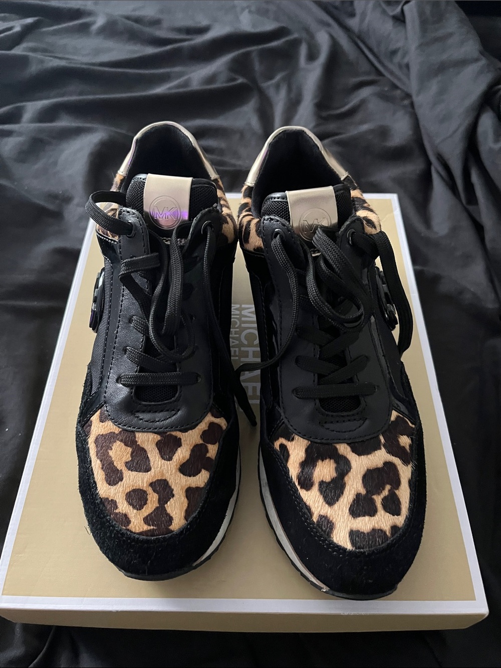 Michael Kors Black and Leopard Print Lace-Up Sneakers